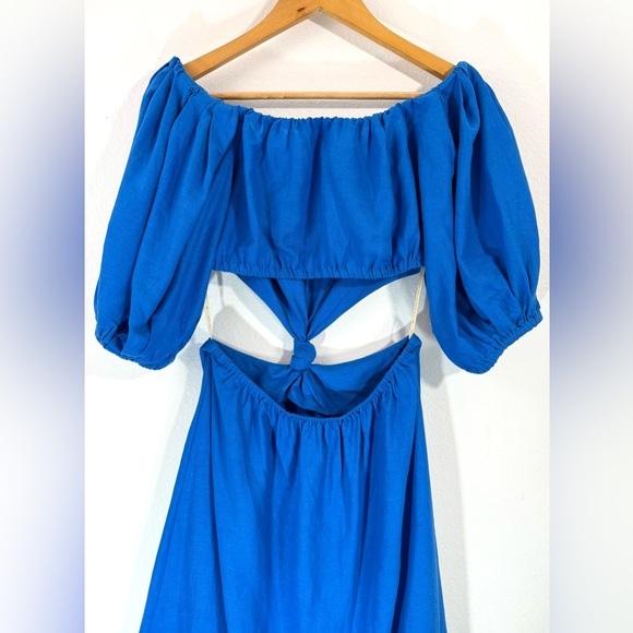 Farm Rio Linen Blend Midi Dress Blue Off-Shoulder Knot Cut-Out Women’s Small - Picture 11 of 16